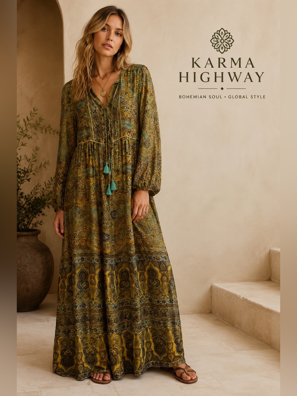 Karma Highway OS Paisley Indie Boho Maxi Dress Tassel 100% Viscose Festival C1